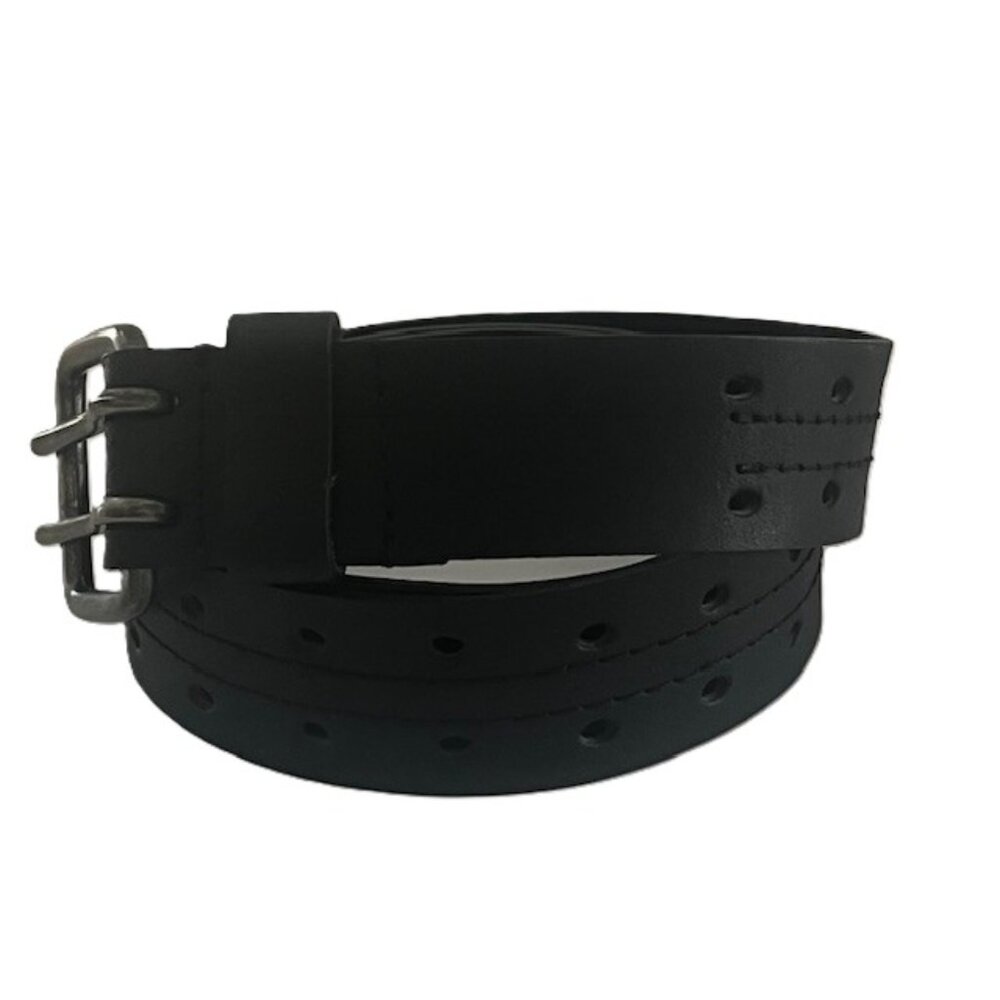 Black Leather Belt Silver Tone Buckle Hardware Double Punch Women's Large - Picture 2 of 10